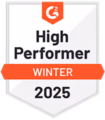 G2 High Performer Winter 2025 badge in white and orange colors.
