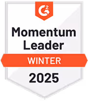 G2 Momentum Leader Winter 2025 award badge with orange and white design.