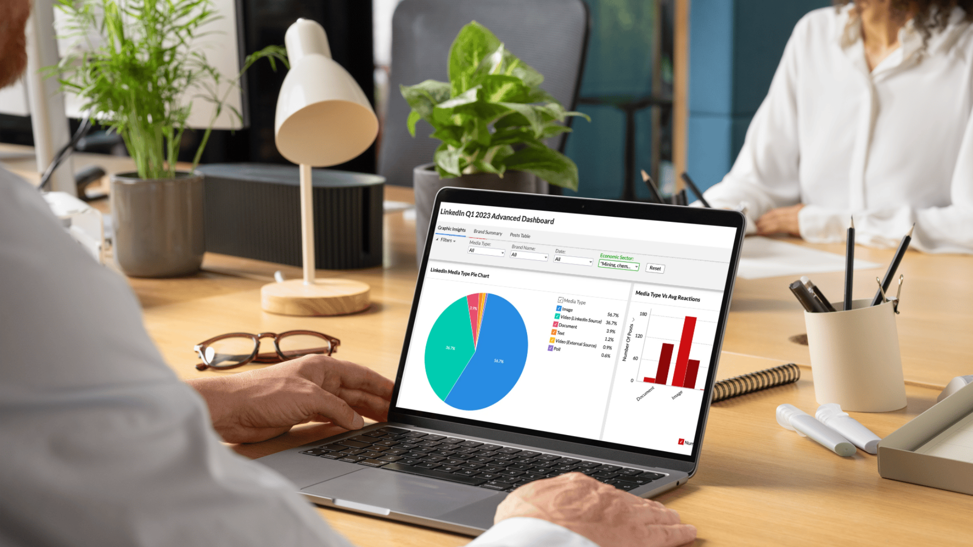A person at a desk looking at the Moving Image Data Suite dashboard on a laptop screen, showing social media engagement charts and graphs.