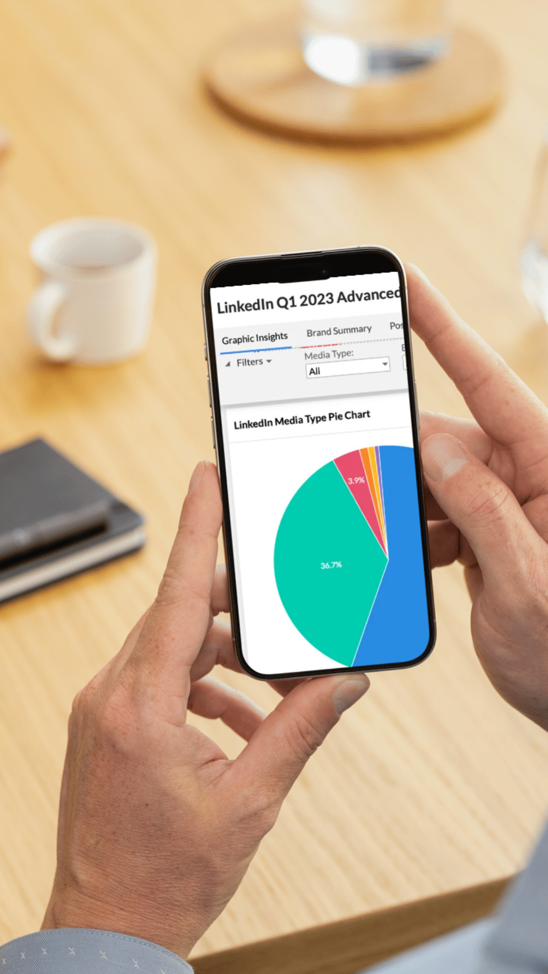 Person holding phone displaying a Data Suite report for  LinkedIn Q1 2023 media type pie chart with color-coded segments.