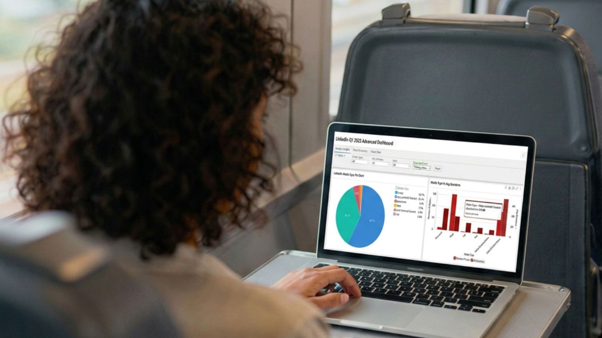 Person with curly hair working on a laptop showing pie and bar charts on train seat tray.