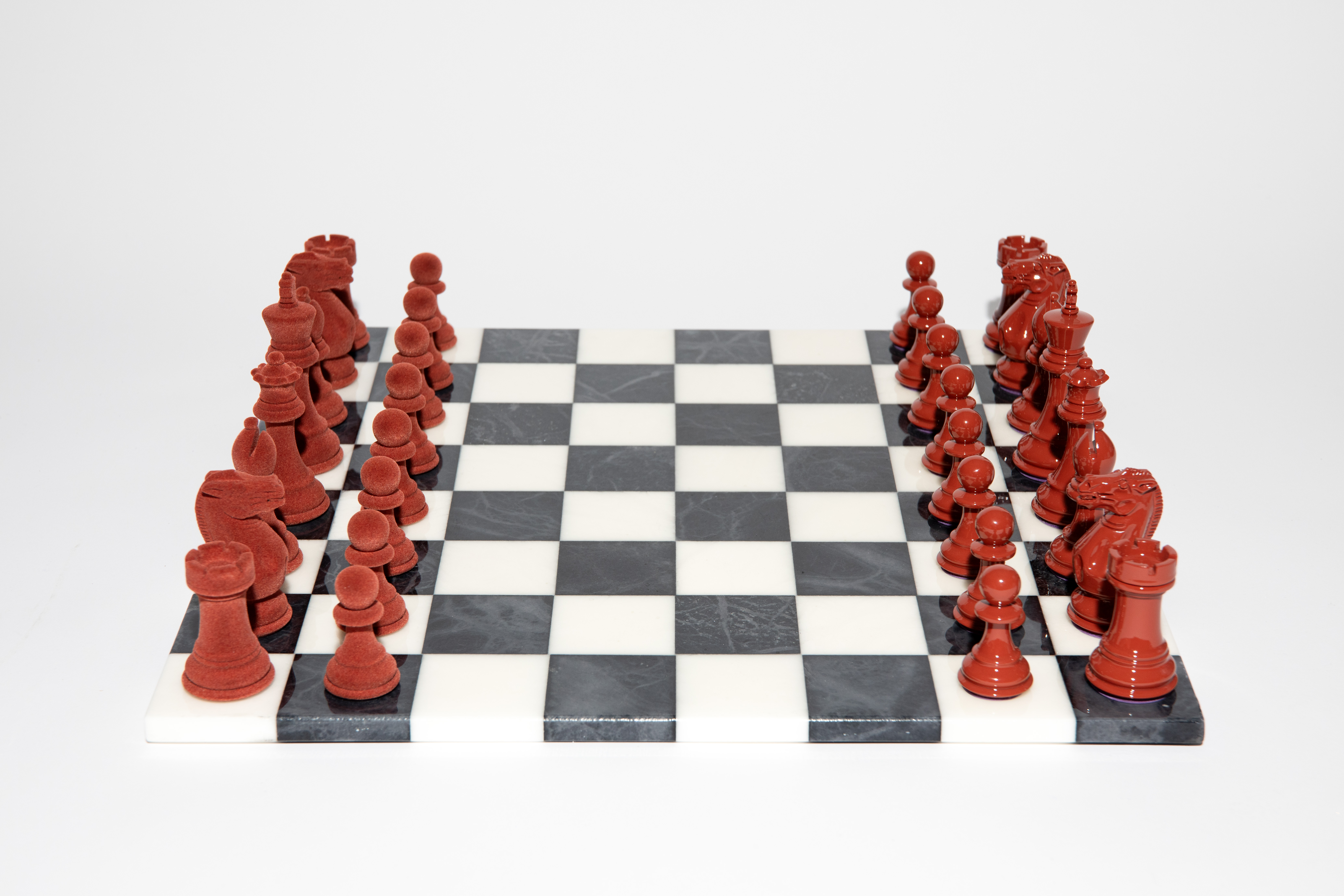 Flock and Cinnabar Bold Chess set with Alabaster stone board  
