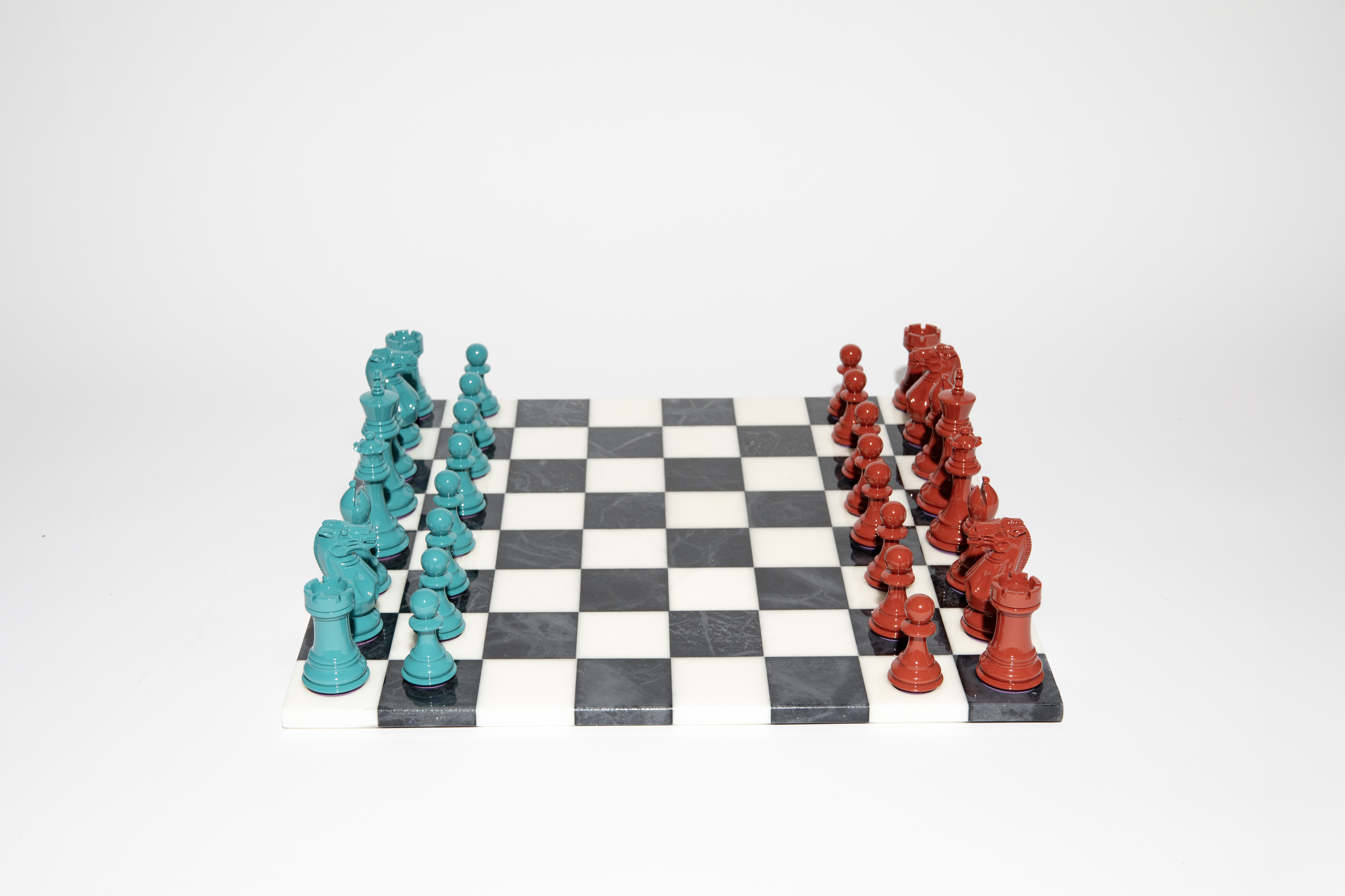 Cinnabar and Teal Bold Chess set with Alabaster stone board