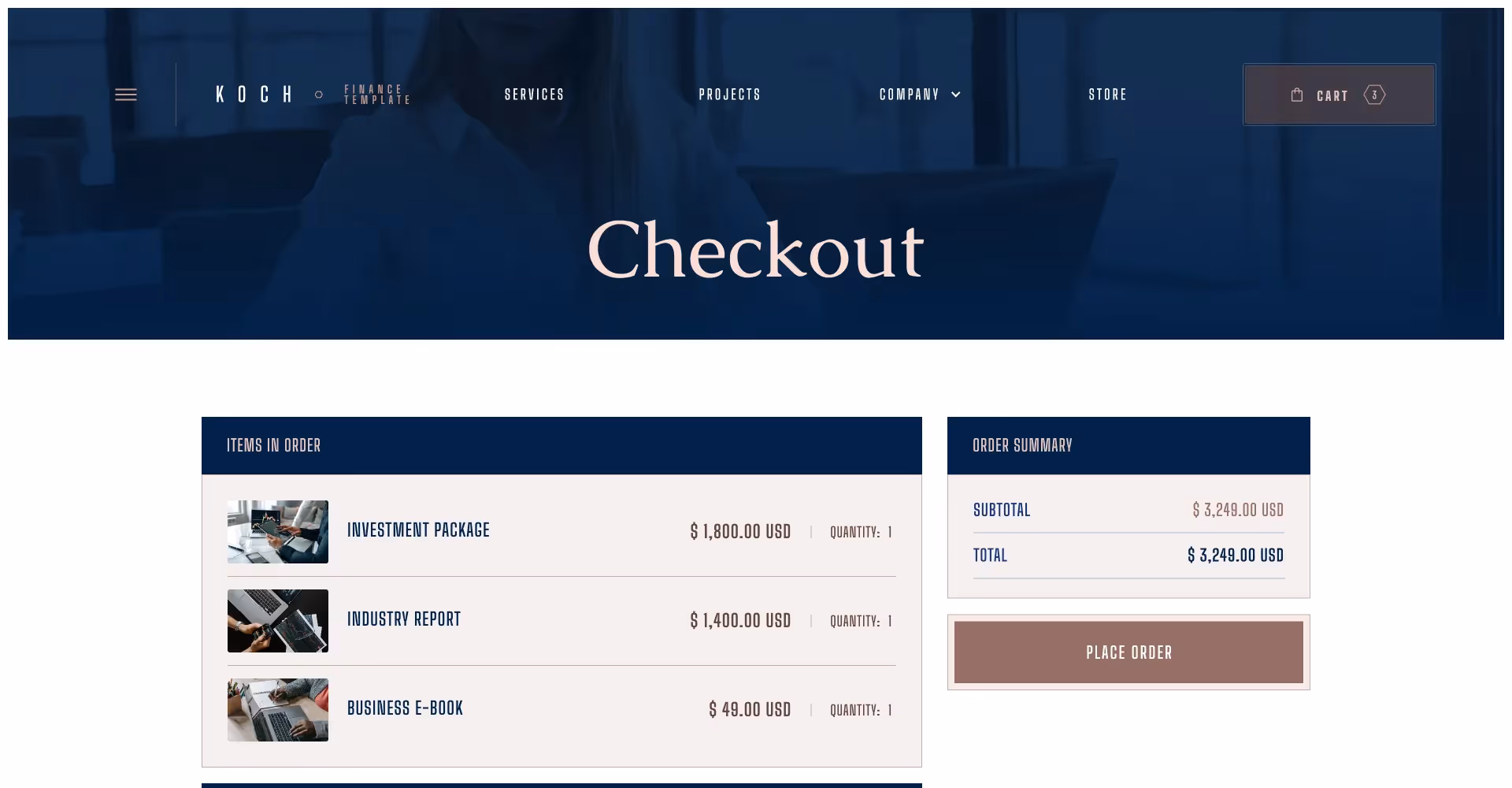 Finance ecommerce website template screen