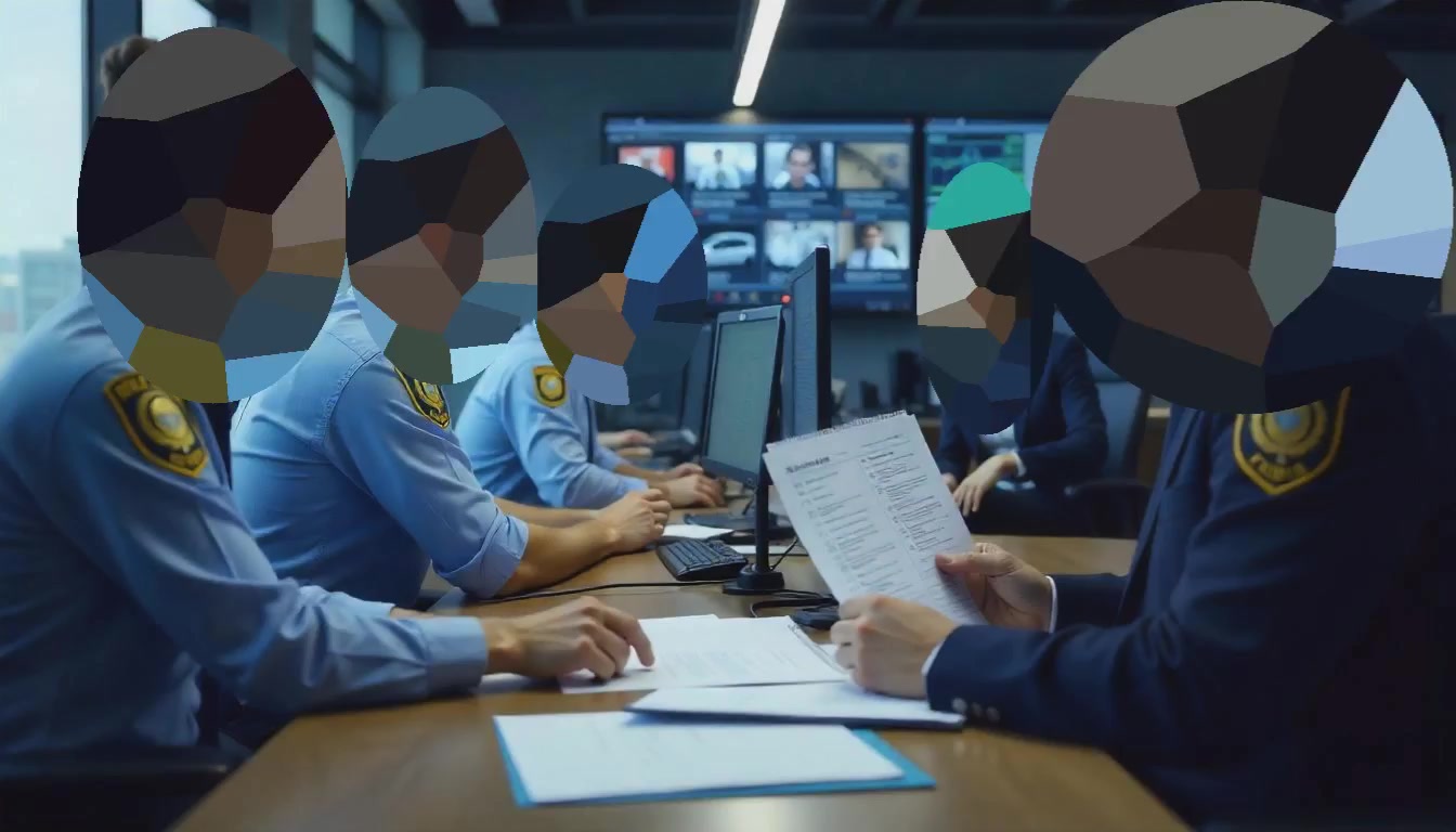 A group of law enforcement officers collaborating and reviewing documents in an investigative meeting