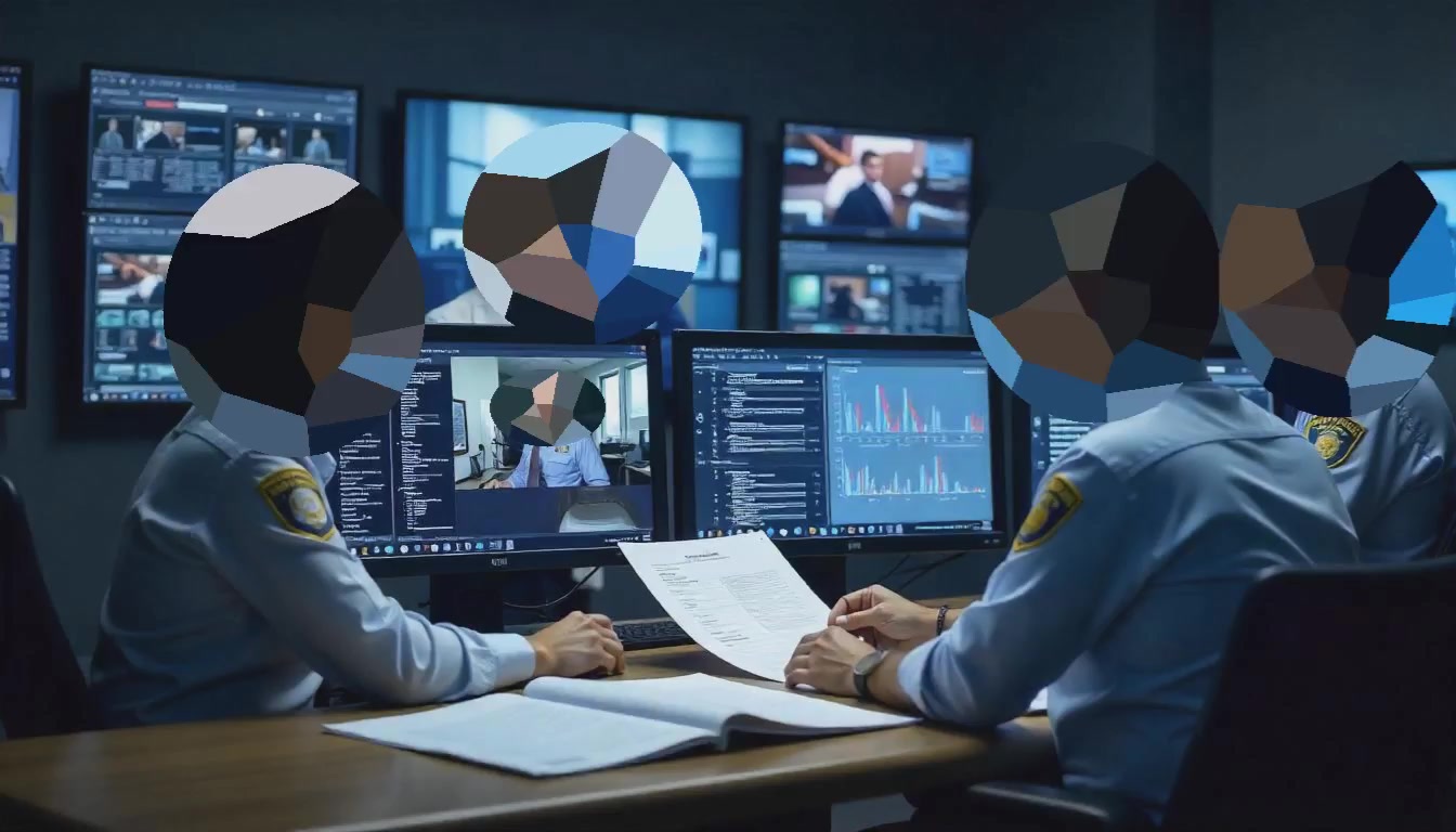 Law enforcement officers in a darkened tactical operations centre, analysing data and discussing strategies on multiple computer screens