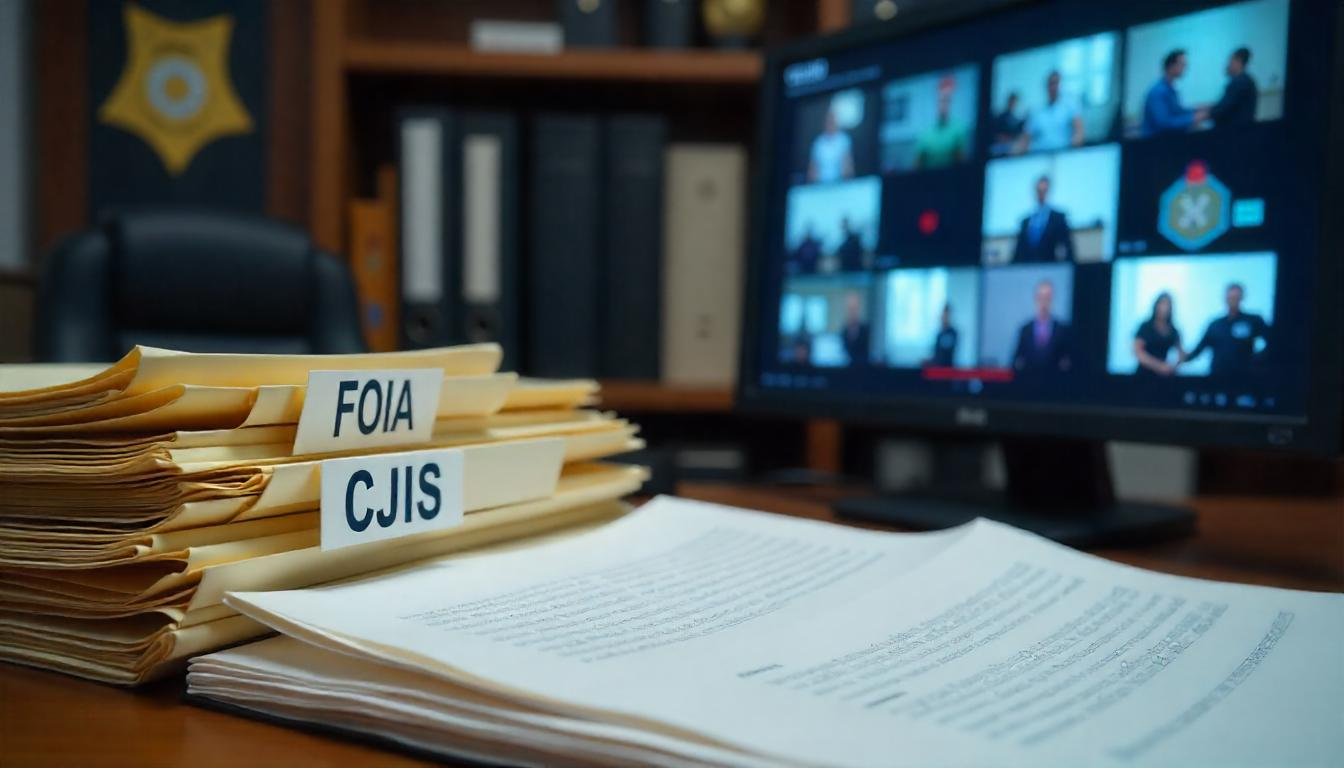 Desk with FOIA and CJIS folders, open documents, and a computer screen showing a video conference call in a law enforcement or government office