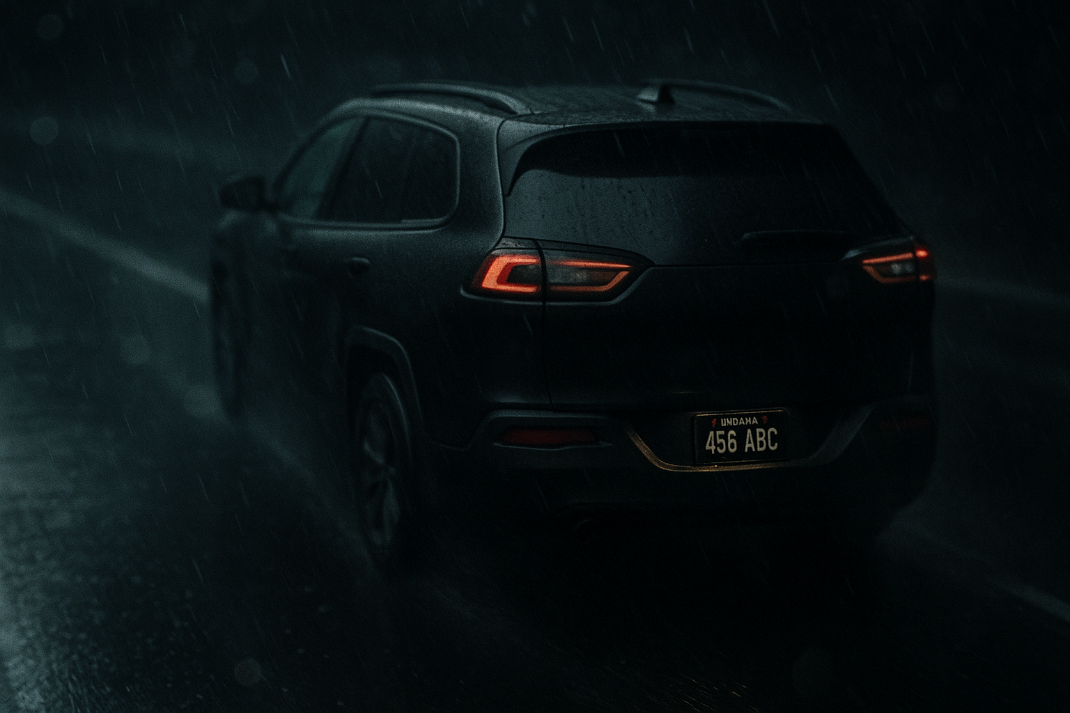 Rear view of SUV driving in heavy rain with an Indiana blackout license plate