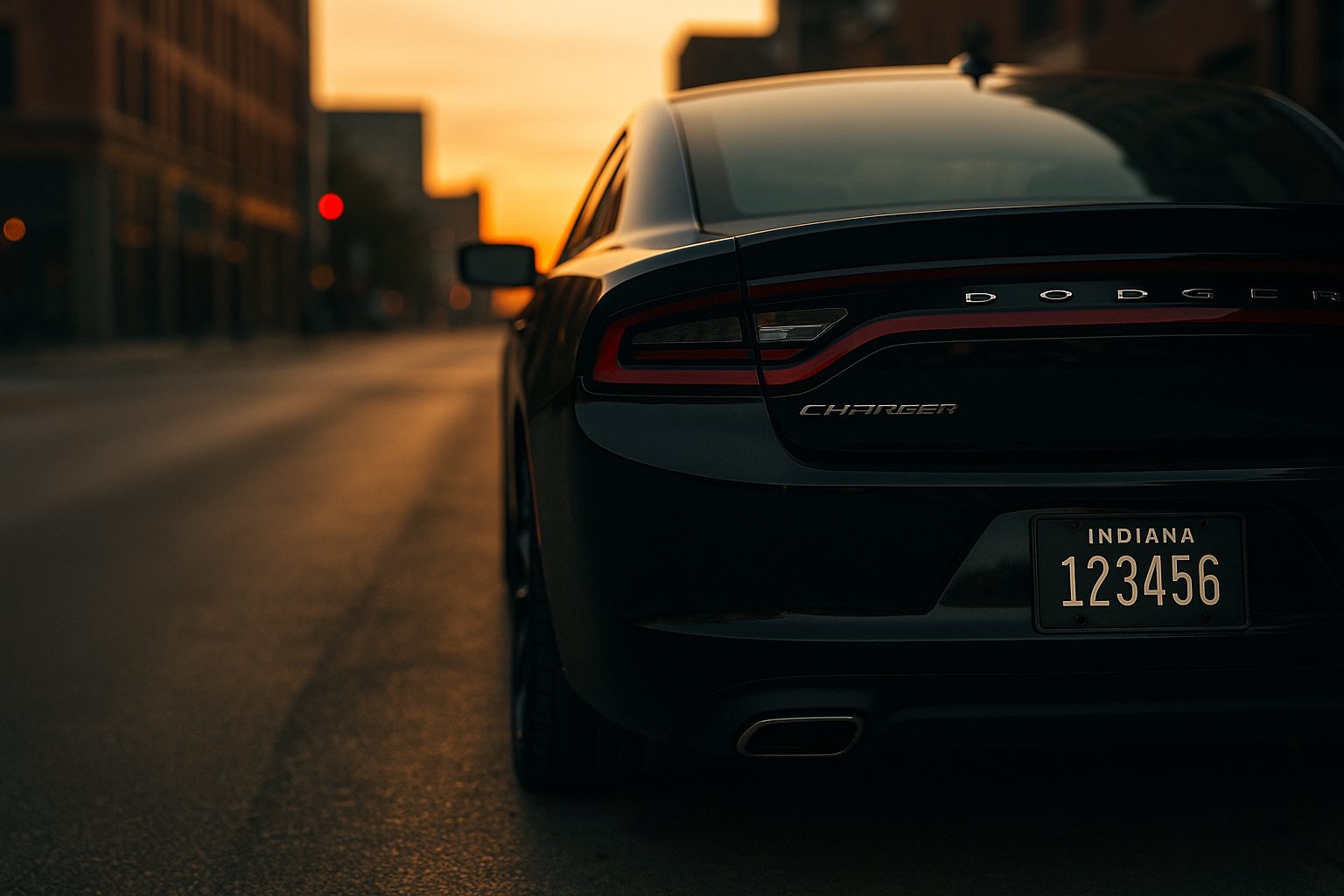 Dodge Charger with Indiana blackout plate at sunset on a city street
