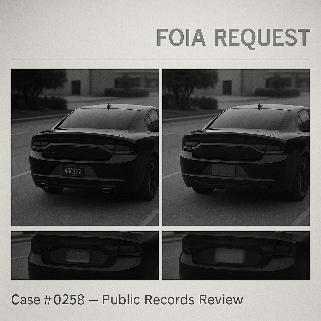 Side-by-side comparison of vehicle license plate before and after redaction in FOIA case file