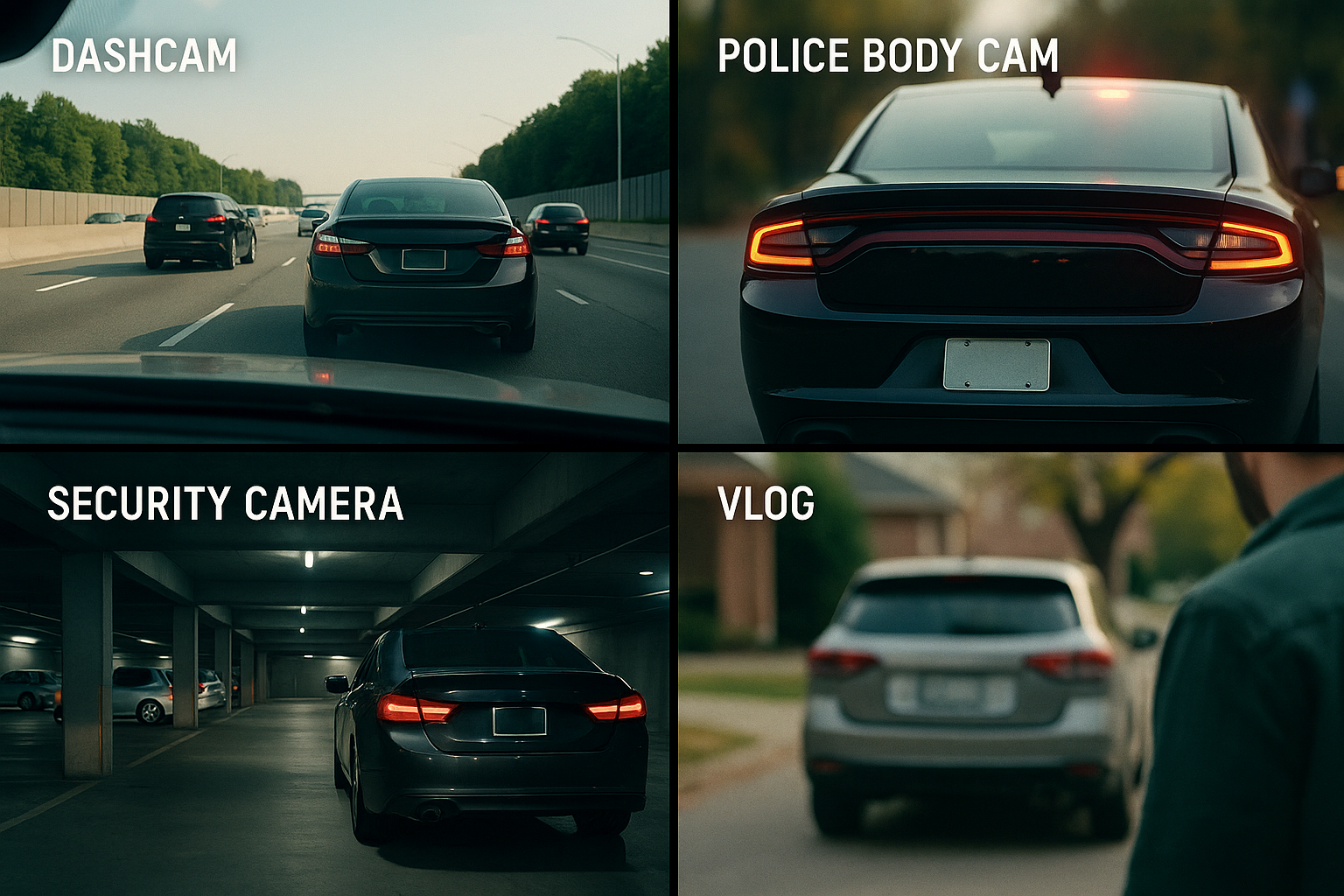 Four types of footage showing redacted license plates: dashcam, police body cam, security camera, and vlog