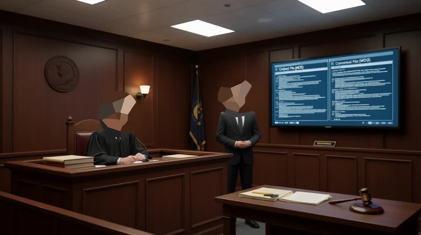 Legal professional presenting digital evidence comparison between original and converted files on courtroom display screen during trial proceedings