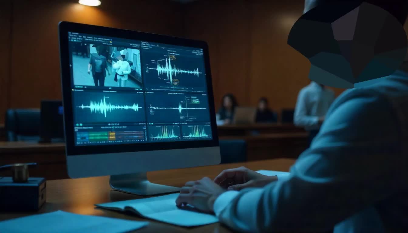 Professional video editor working on audio waveform analysis and video post-production using editing software on desktop computer work station