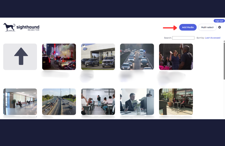Video redaction software media library displaying thumbnail grid of surveillance videos, traffic footage, and meeting recordings with upload and selection controls for privacy editing