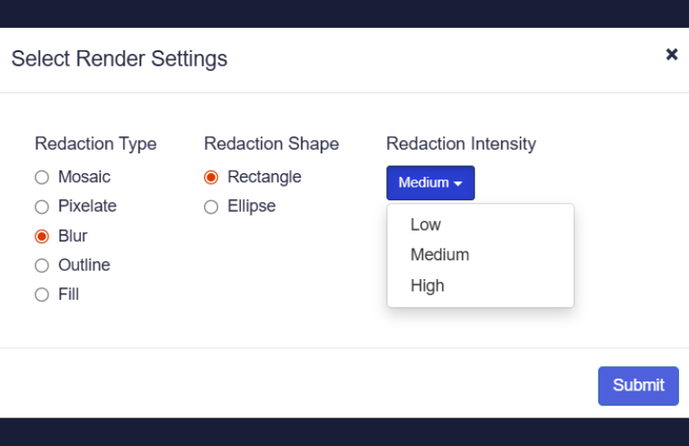 Document redaction settings interface with blur type selected, rectangle shape option, and medium intensity dropdown menu