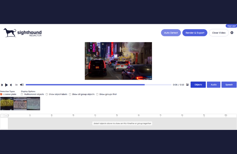 Sighthound Video redaction software interface displaying AI-powered license plate detection with three identified plates ready for privacy blurring, including timeline and export controls