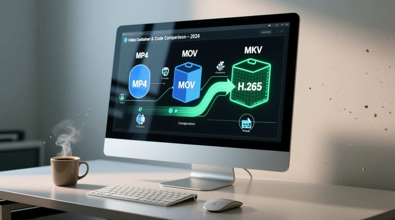 Desktop monitor showing video container codec comparison chart featuring MP4, MOV, MKV formats and H.265 compression