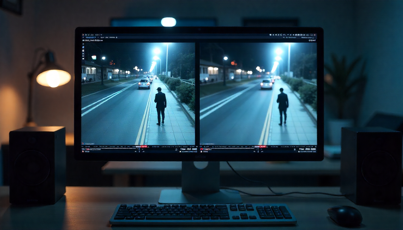 Professional redaction workstation showing split-screen comparison of night street scene footage with a person walking on an illuminated road displayed on a monitor