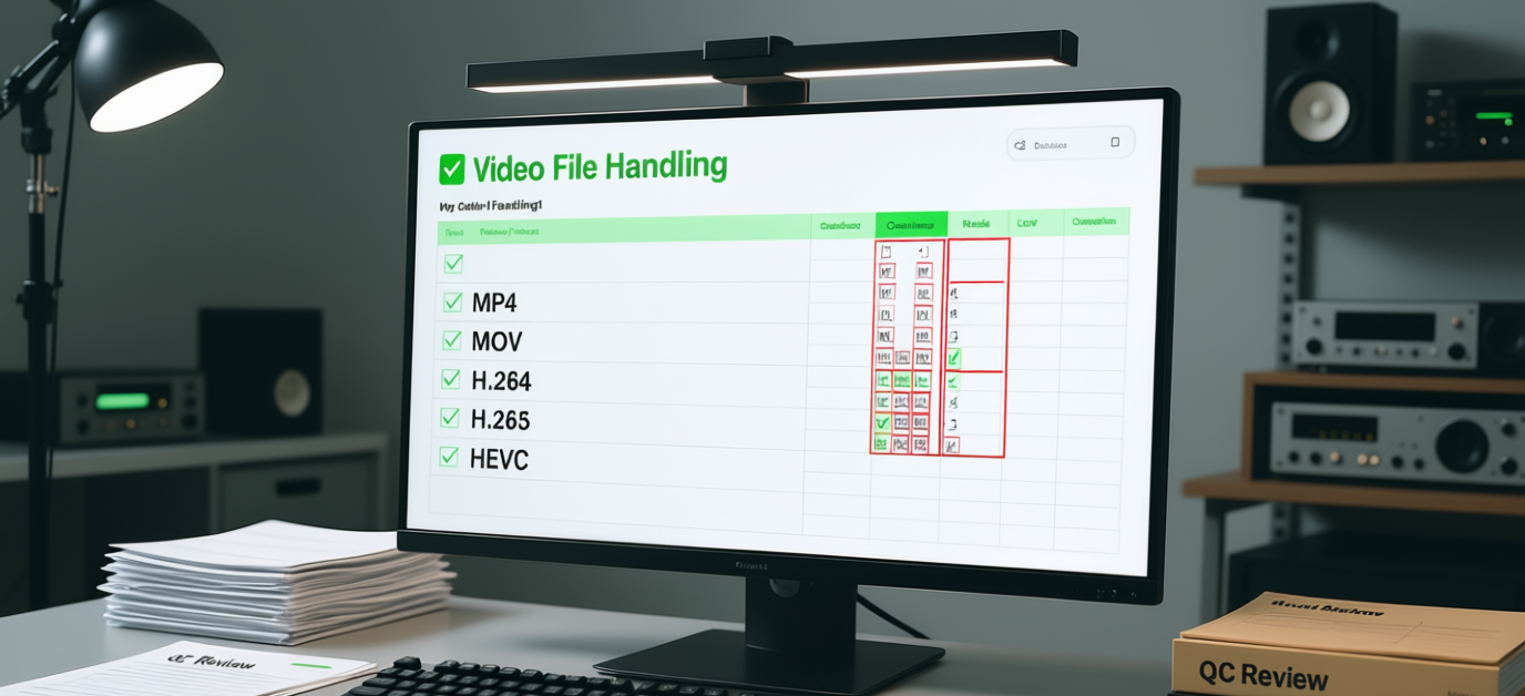 Video file handling software interface displaying supported formats including MP4, MOV, H.264, H.265 and HEVC codecs with file type icons on a professional monitor