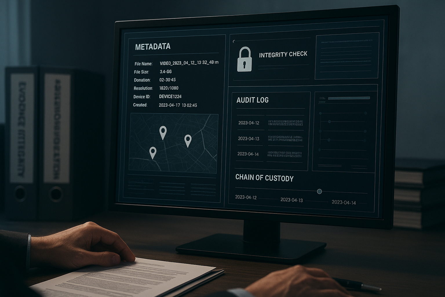 Digital forensics software interface showing video evidence metadata, integrity check, audit log, and chain of custody timeline on a computer monitor