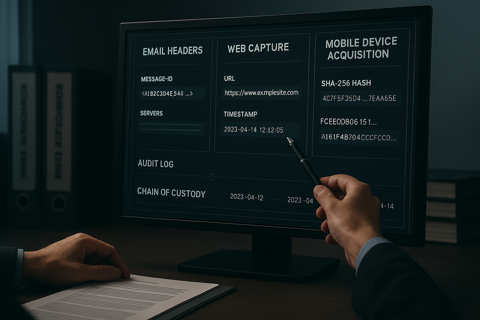 Digital forensics investigator analyzing email headers, web capture data, and mobile device acquisition hashes on evidence management software interface