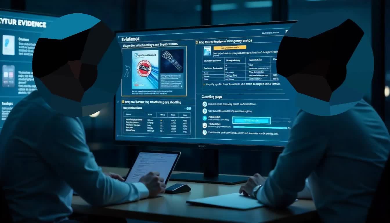 Cybersecurity team analyzing digital evidence on multiple monitors showing file authenticity verification, custody logs, and investigation progress tracking in forensic software
