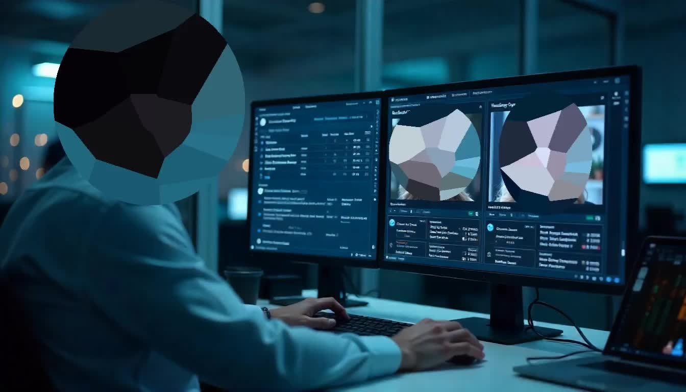 Digital forensics specialist analyzing 3D reconstructed face models and biometric data on dual monitors for facial recognition investigation and identity verification