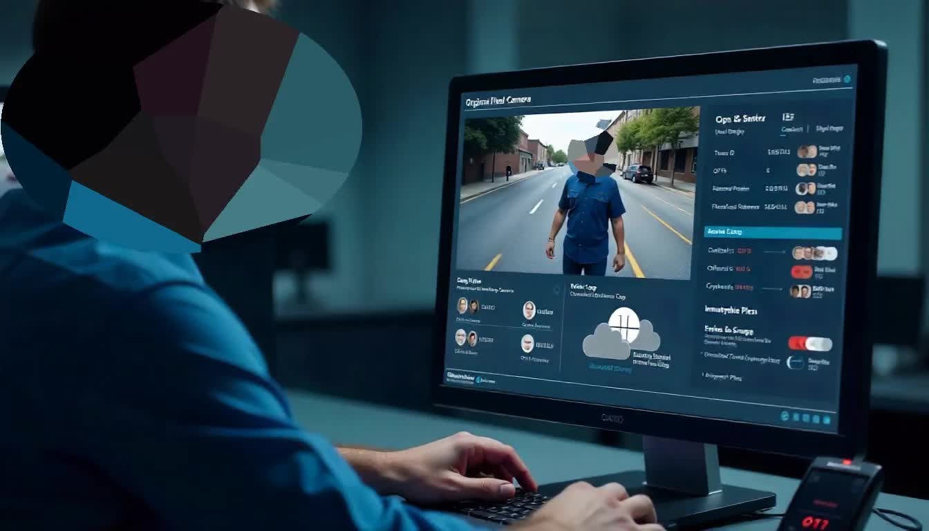 Law enforcement analyst reviewing street camera footage with facial recognition technology showing suspect identification, team assignments, and encrypted evidence storage interface