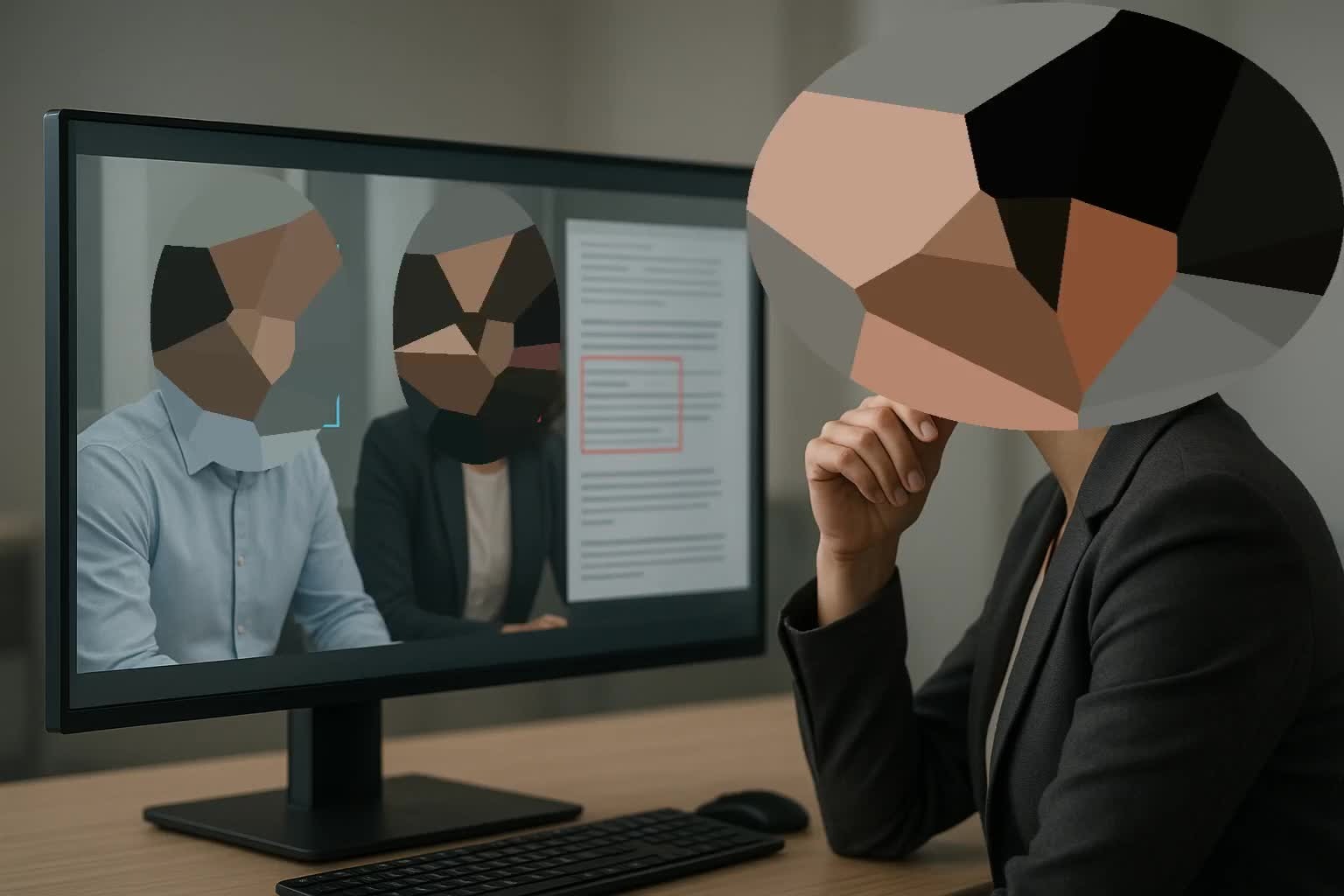 Human reviewer analyzing AI-detected sensitive data on screen, symbolizing the balance between automation & human judgment in ethical redaction