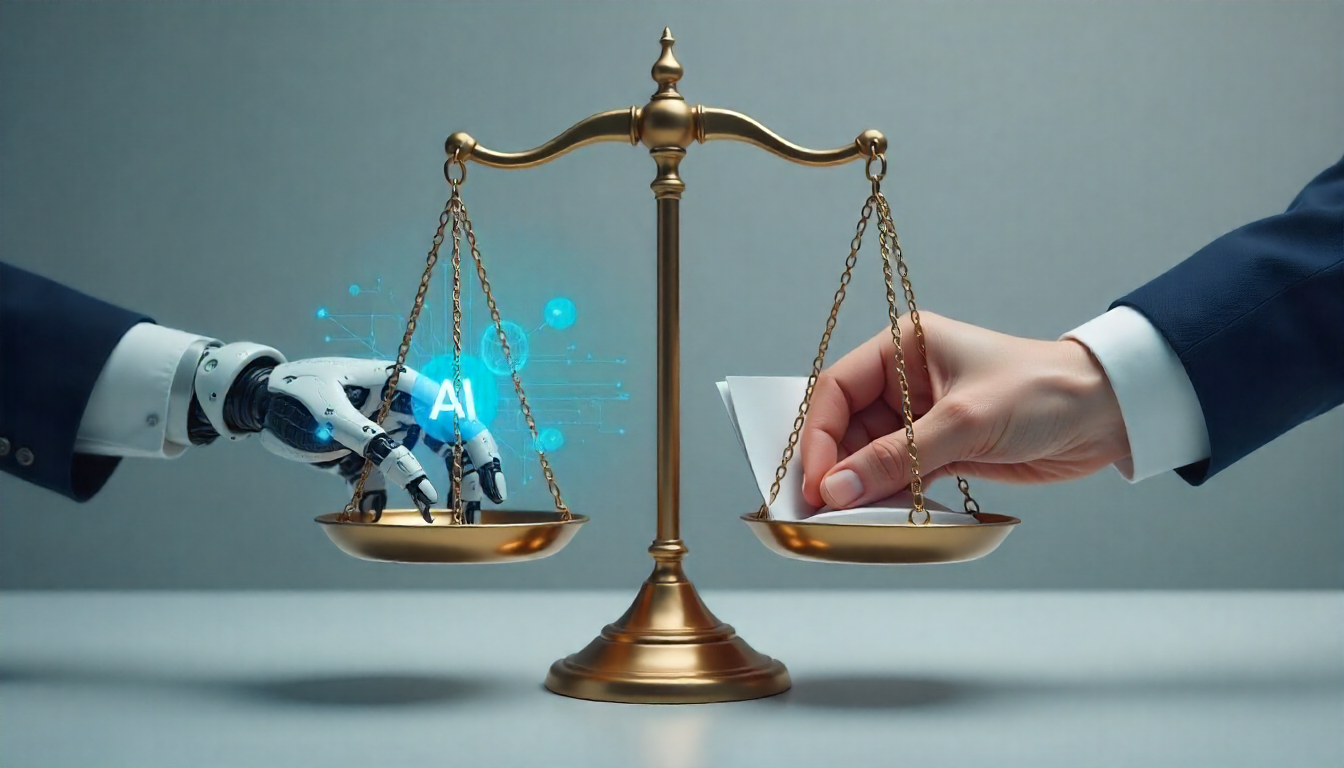 Symbolic balance scale representing AI ethics and human accountability under GDPR and EU AI Act regulations