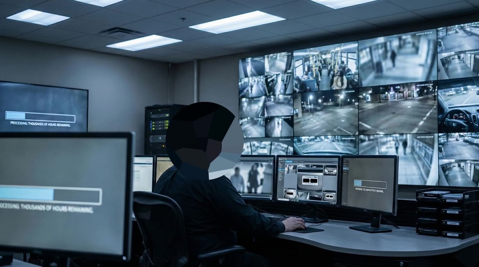 Security professional monitoring multiple CCTV camera feeds on a video wall in a modern surveillance control room