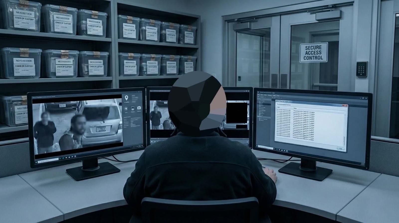  Detective analyzing case evidence and surveillance video at workstation in police evidence storage facility with secure access control