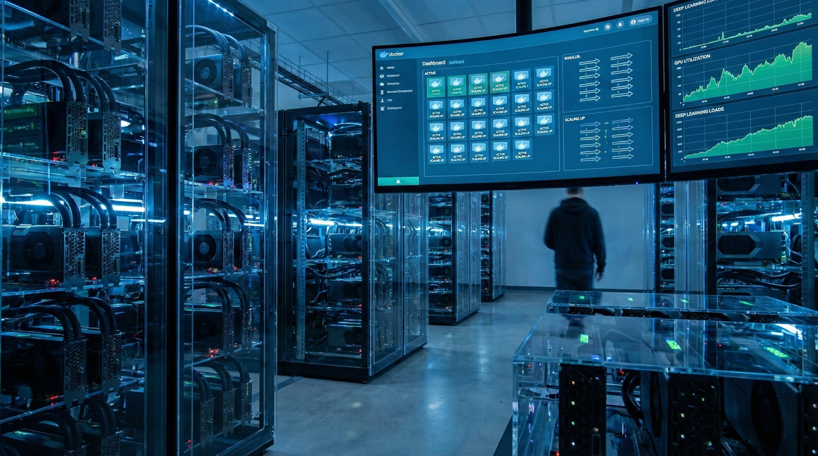 Data center engineer monitoring Docker containers and GPU servers with performance dashboards