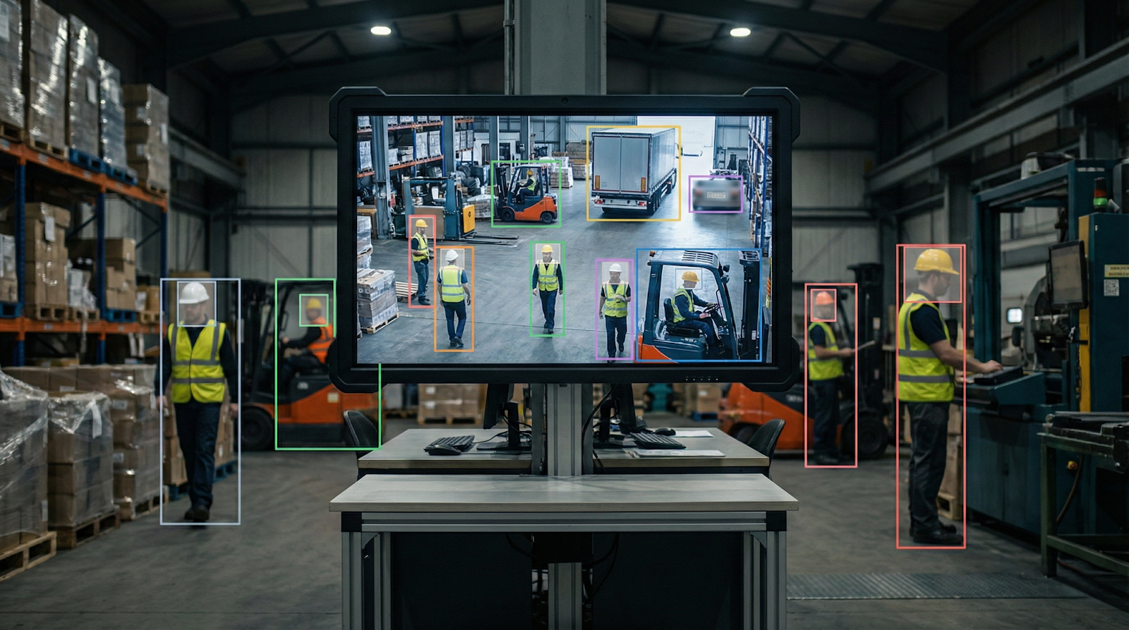 Computer vision system tracking warehouse workers and forklifts in real-time with AI detection boxes on monitoring display