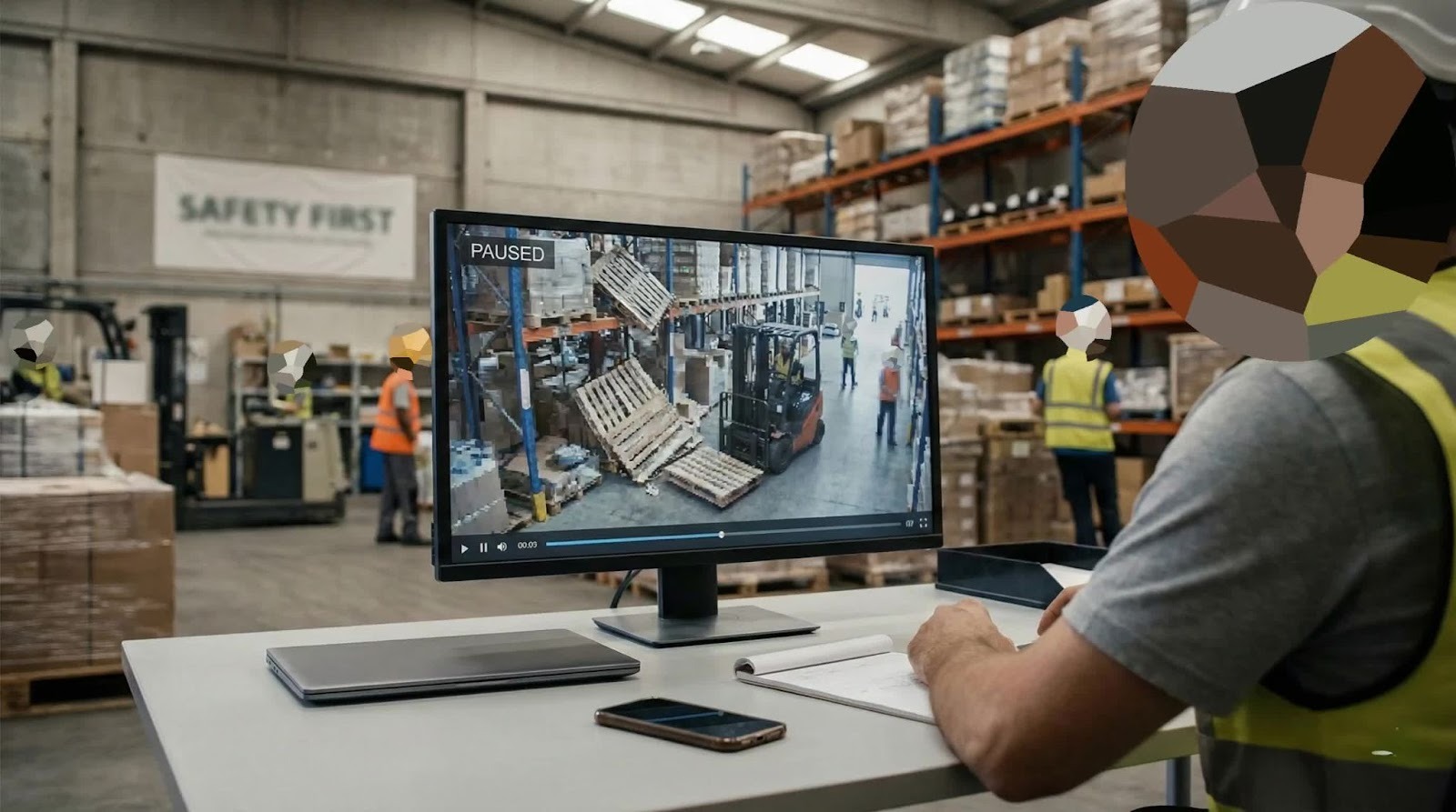 Safety supervisor reviewing paused CCTV footage of warehouse pallet accident on monitor with Safety First signage visible in background