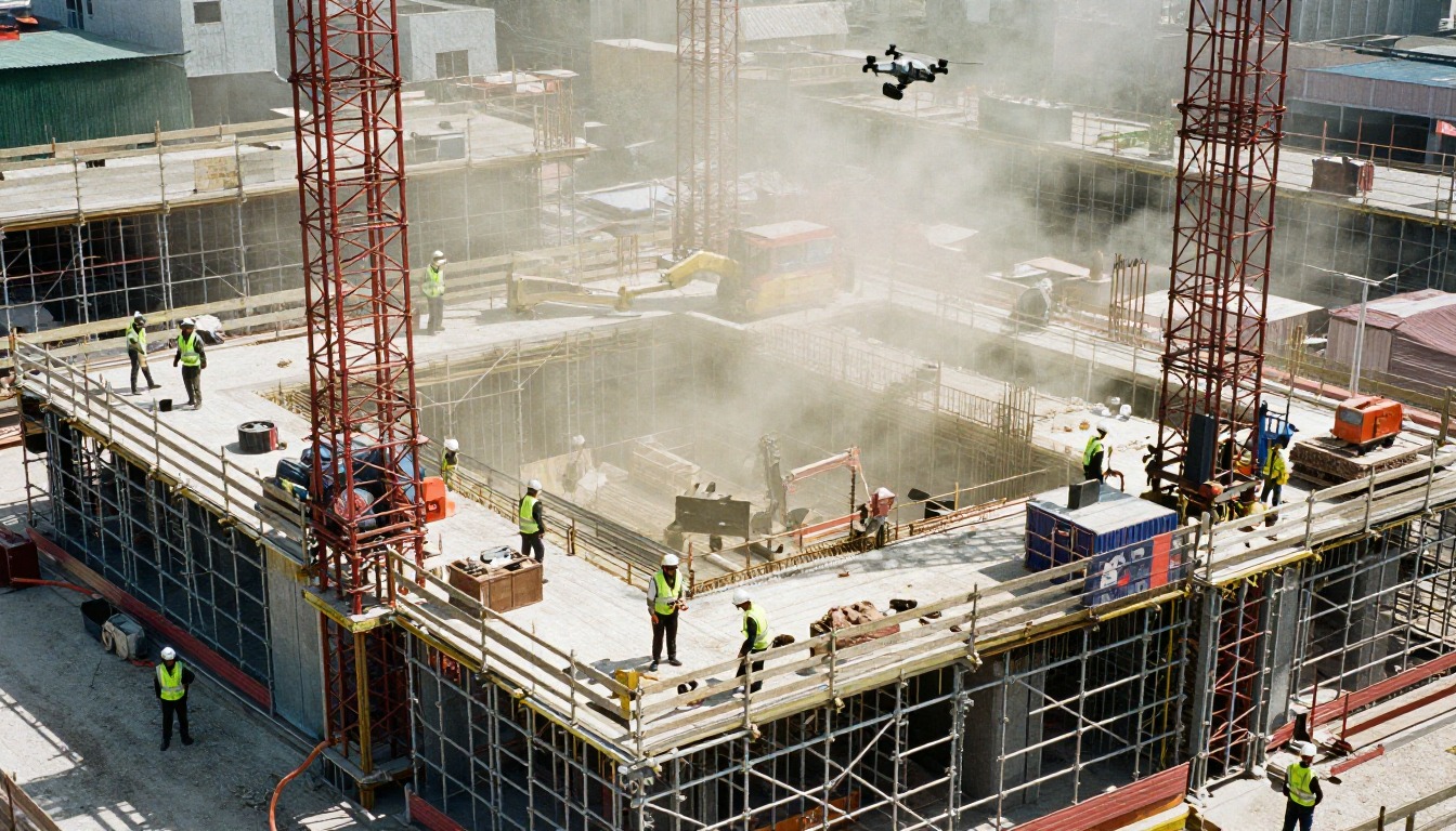 Construction site drone surveillance system with AI monitoring display showing live camera feed and facial recognition technology