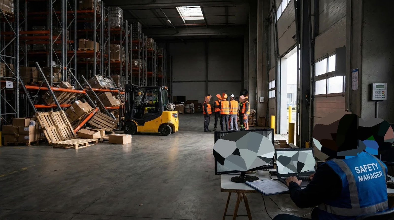  Industrial warehouse safety inspection showing collapsed storage racking, fallen pallets, and safety manager at monitoring station coordinating worker training response near yellow forklift