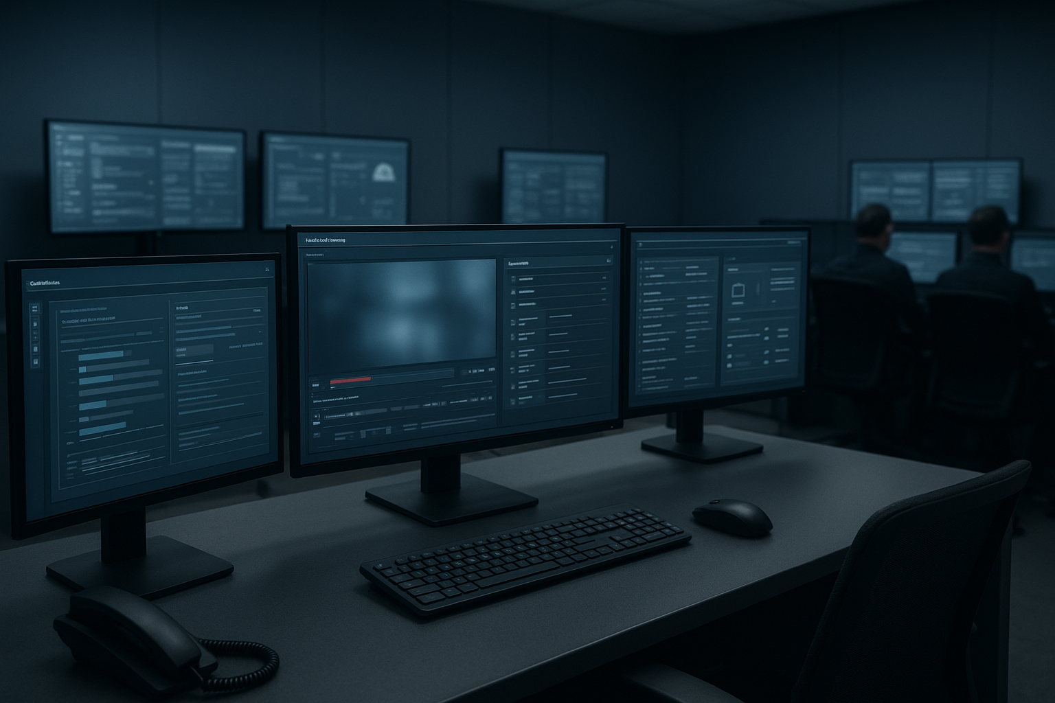 security operations center with multiple screens suggesting video redaction workflows & deployment model decision-making in a compliant environment