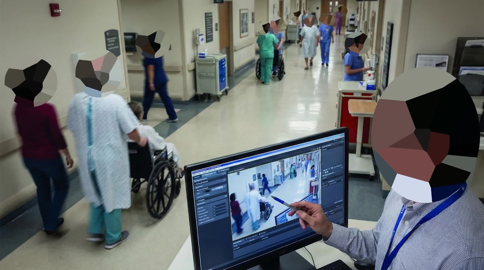 Hospital security professional reviewing CCTV surveillance footage on a monitor, analyzing patient and staff activity in a busy medical corridor.