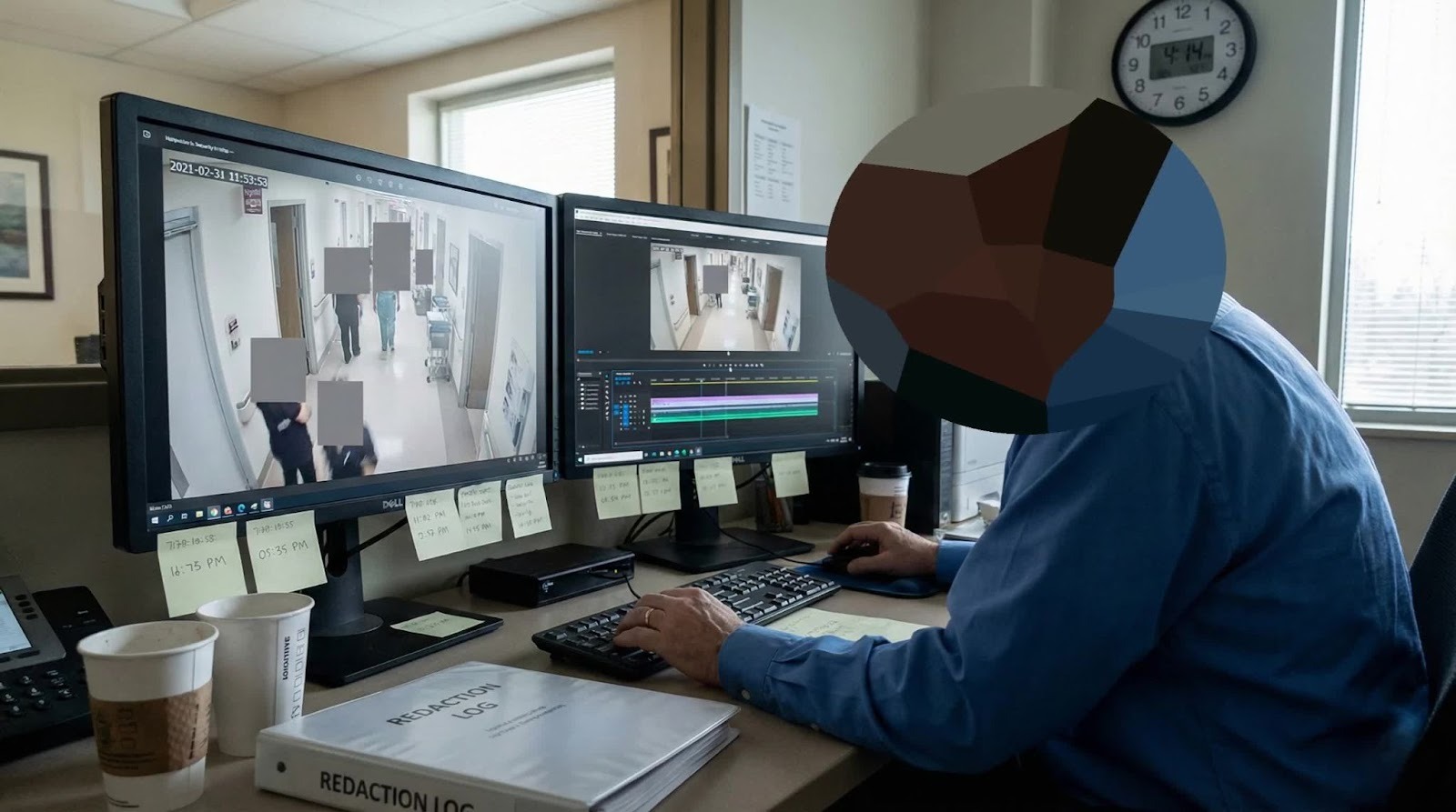 Hospital security administrator pointing at a live surveillance monitor tracking patient flow and staff activity in a medical corridor