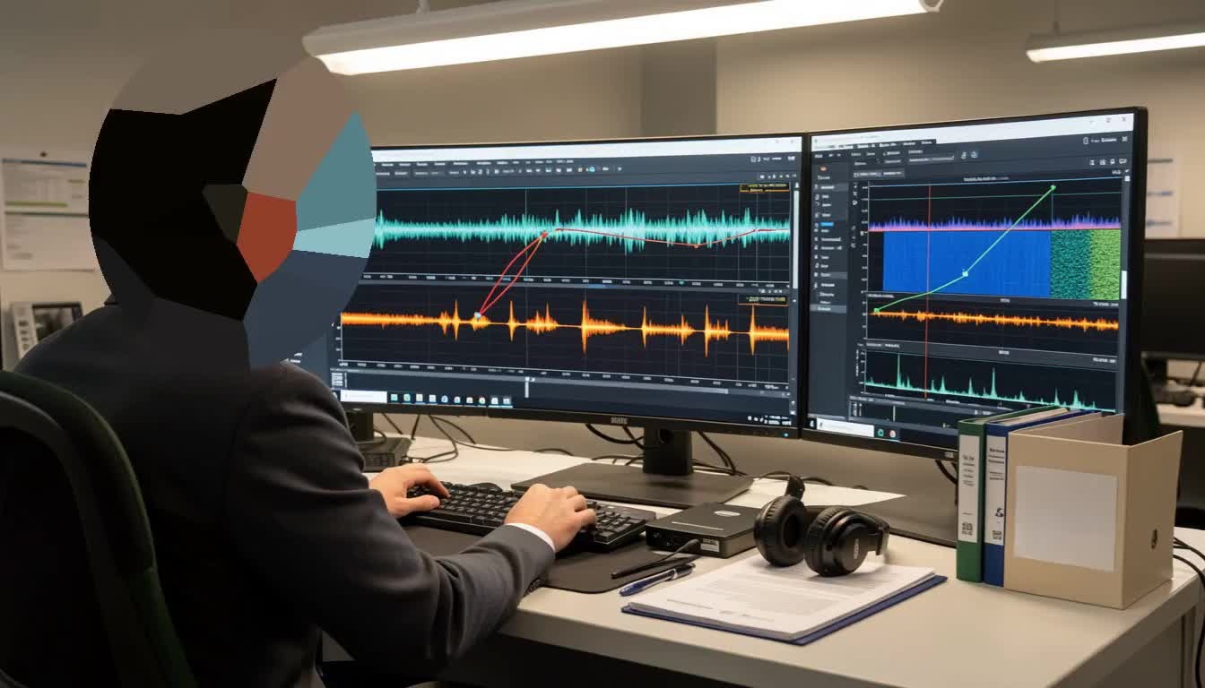 Digital forensics analyst using Sighthound Redactor to review and redact audio waveforms on dual monitors in a law enforcement investigation lab