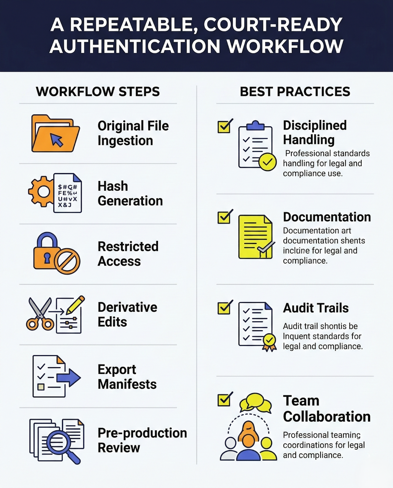 Infographic showing Sighthound Redactor's court-ready authentication workflow including file ingestion, hash generation, restricted access, derivative edits, export manifests, and audit trails for legal compliance