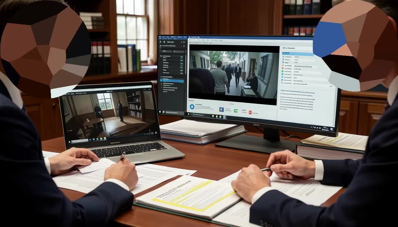 Two attorneys reviewing surveillance video evidence with Redactor software on a laptop and a monitor during courtroom litigation case preparation