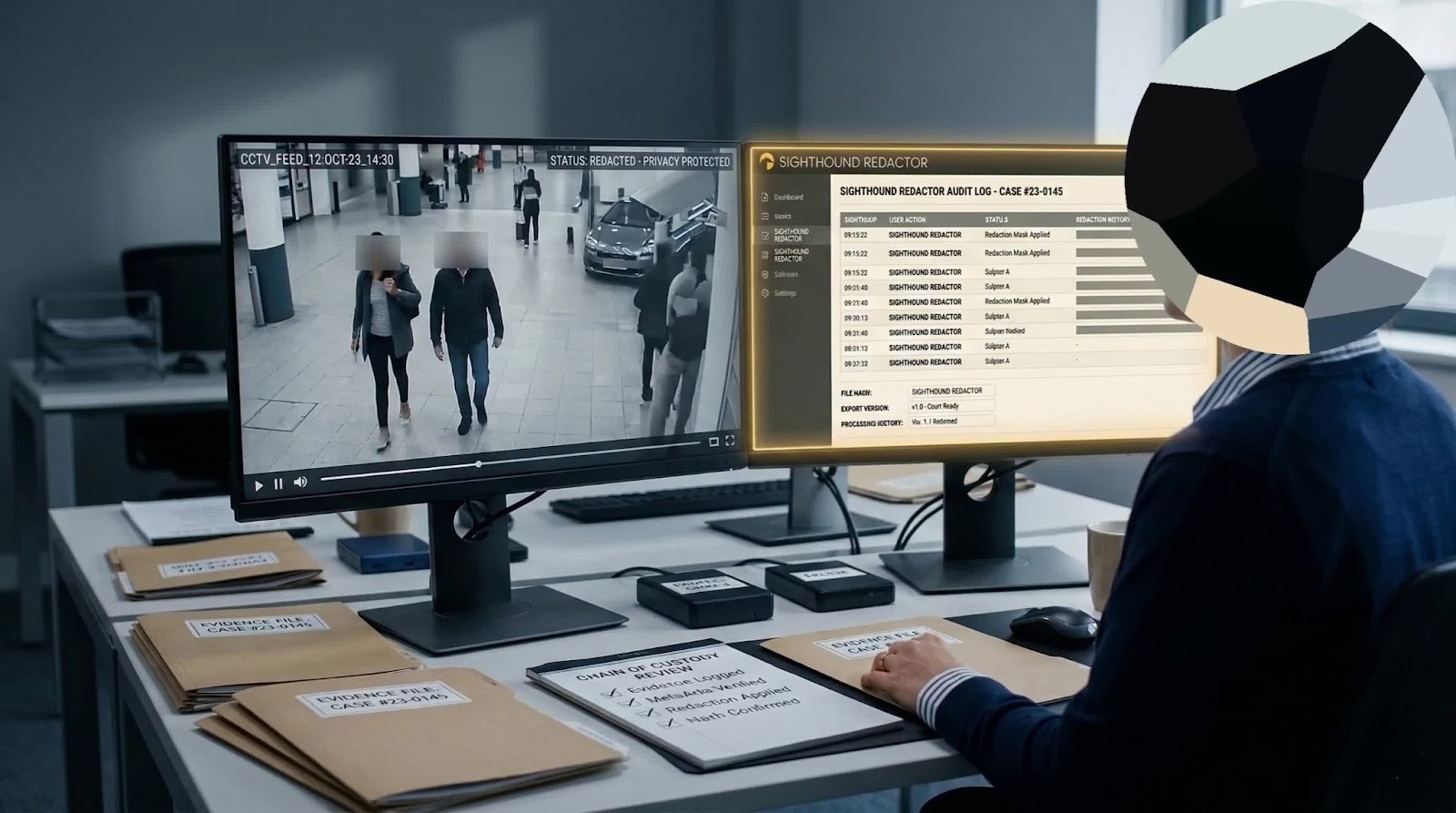 software showing pixelated face redaction on CCTV footage with audit log and chain of custody evidence files for the case