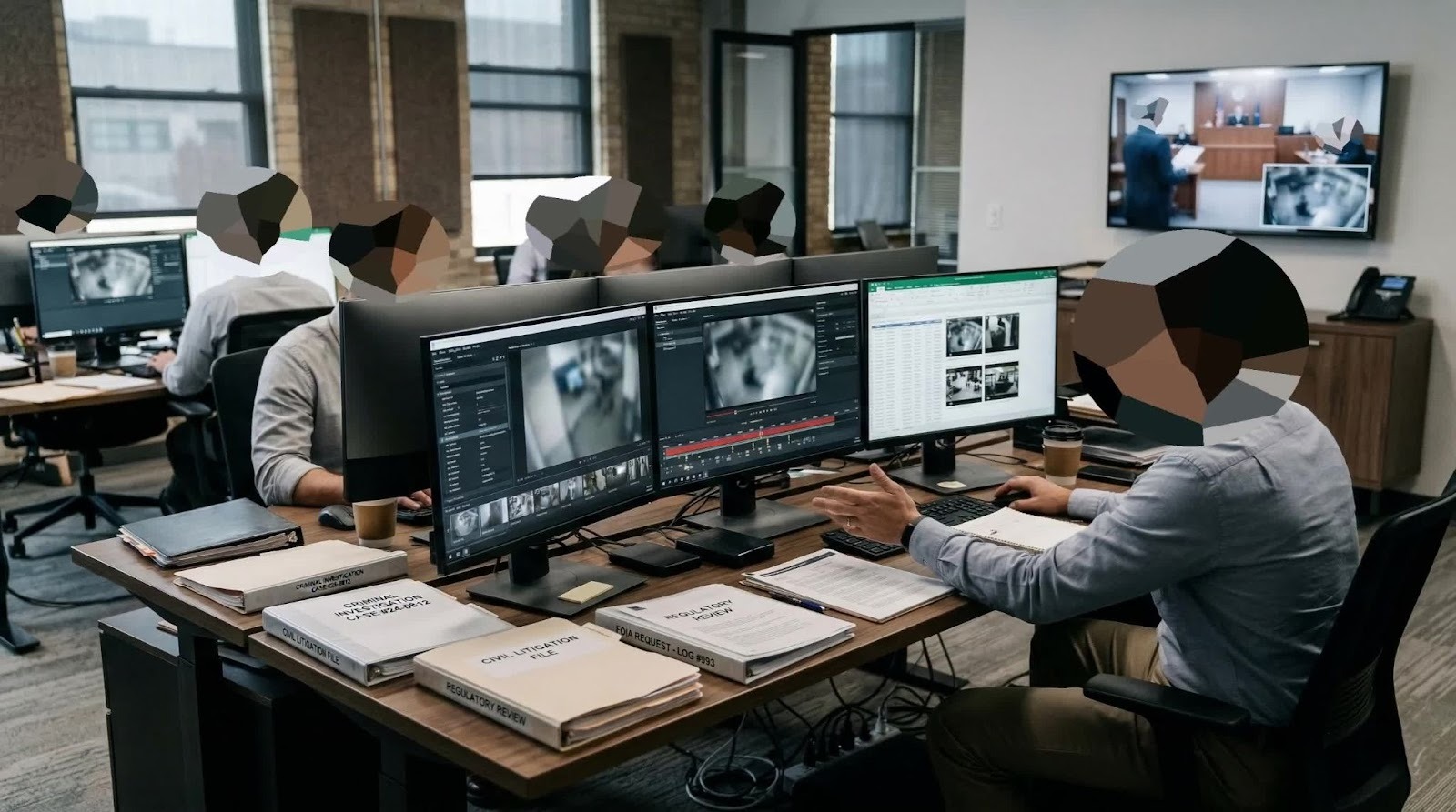 Law enforcement analysts using Sighthound Redactor to redact faces on surveillance footage, with FOIA and criminal investigation case files on desk