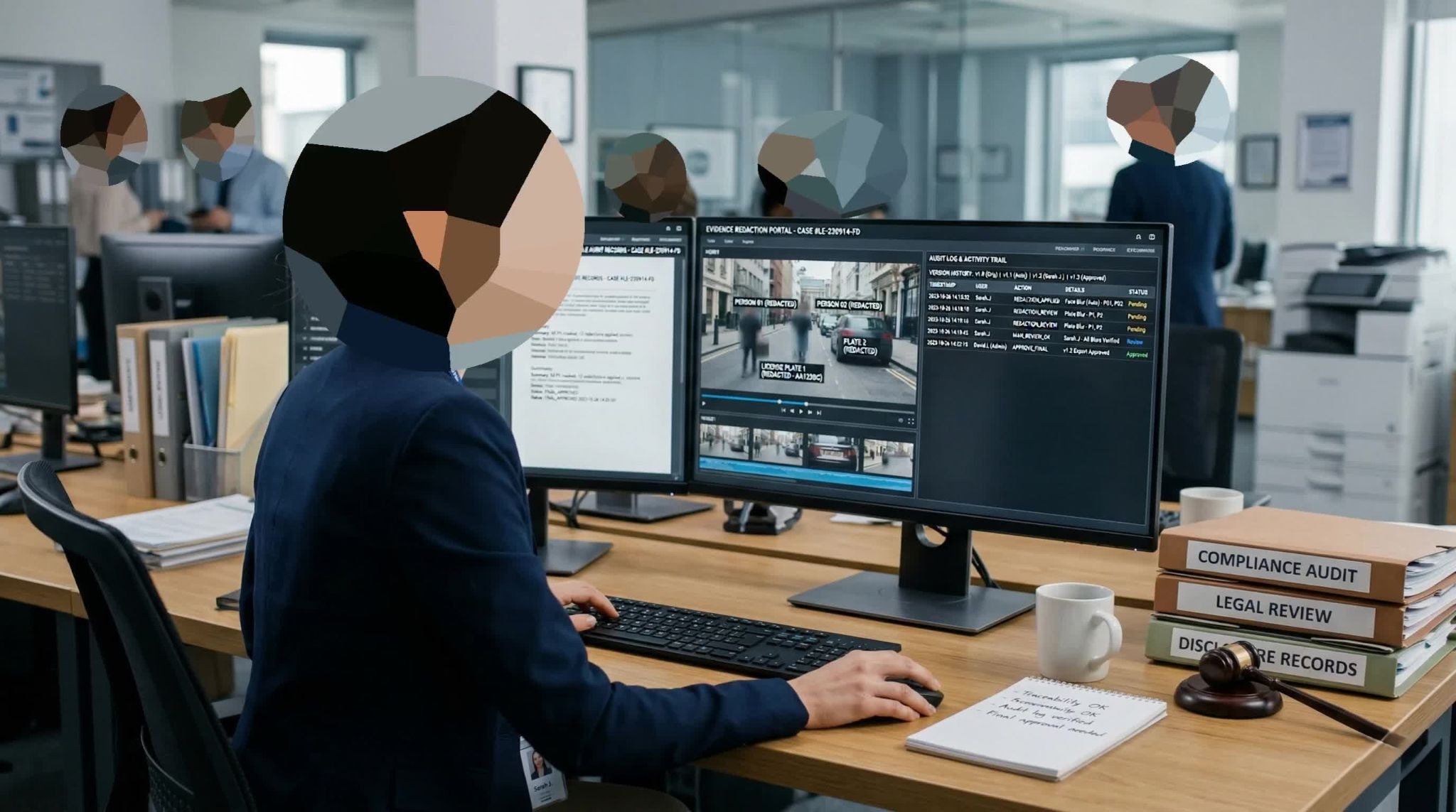 A legal professional works at a dual-monitor workstation using an evidence redaction portal. A detailed audit log is displayed, and nearby folders are labeled for compliance reviews next to a judge’s gavel.