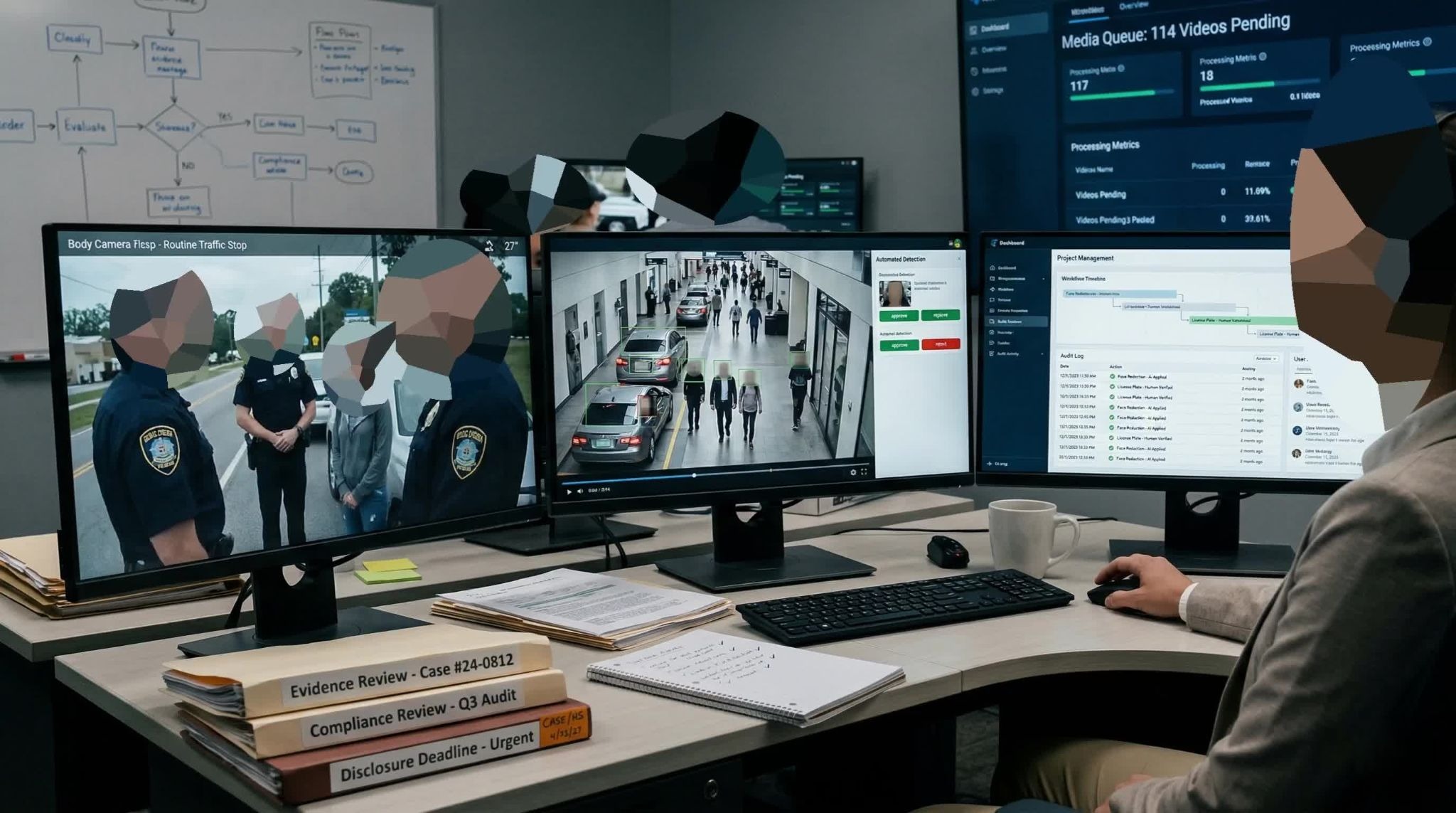 A digital evidence management command center showing body camera footage review, automated detection metrics, and compliance audit logs.