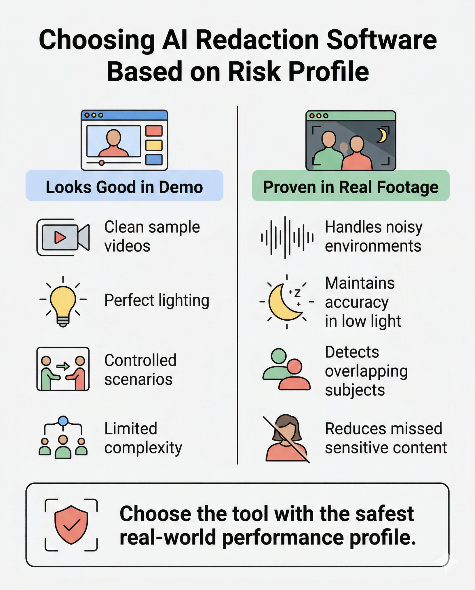 An infographic titled "Choosing AI Redaction Software Based on Risk Profile" comparing "Looks Good in Demo" features like clean sample videos and perfect lighting versus "Proven in Real Footage" capabilities like low light accuracy and detecting overlapping subjects.