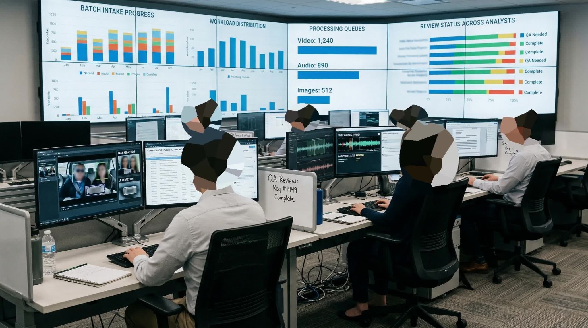 A high-tech operations center where analysts are using AI redaction software to process video, audio, and images. Large wall monitors display dashboards for batch intake progress, workload distribution, and processing queues, while individuals at workstations redact sensitive faces and audio waveforms
