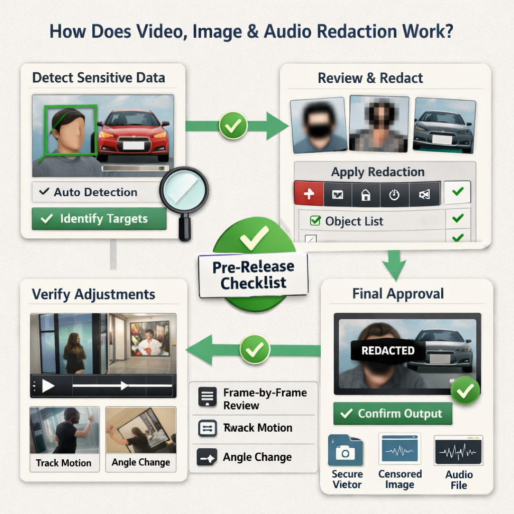 Visual workflow for video, image, and audio redaction review